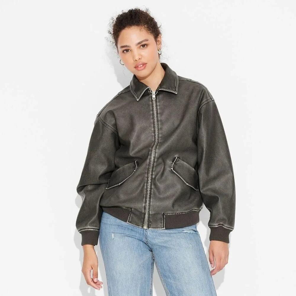 Women's Faux Leather Bomber Jacket - Wild Fable™ Black XL